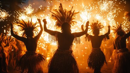 A Rio Carnival night with sparkling lights, abstract feathered costumes, and silhouettes of dancers...