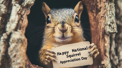Happy National Squirrel Appreciation Day Celebration Captured in a Close-Up Photo of a Cheerful Squirrel Holding a Sign in Its Tiny Paws Amidst Natural Wood Background