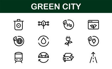 Eco Green City Icon Set. Minimalist Line Icons for Sustainability, Smart Cities, and Environmental Conservation Projects
