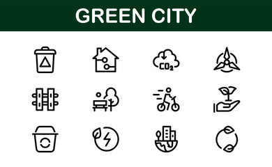 Eco Green City Icon Set. Minimalist Line Icons for Sustainability, Smart Cities, and Environmental Conservation Projects