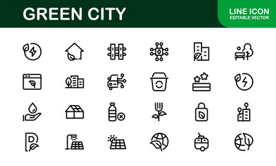 Eco Green City Icon Set. Minimalist Line Icons for Sustainability, Smart Cities, and Environmental Conservation Projects
