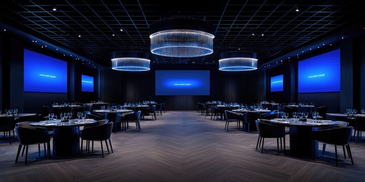 Modern event space with dark interiors, round tables, chairs, screens, and chandeliers.