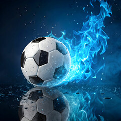 Fototapeta premium soccer ball on blue fire rotating with reflection