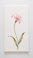 Vintage Traditional Watercolor Artwork of Pink Flower with Green Stem on White Canvas Featuring Soft Elegant Brushwork
