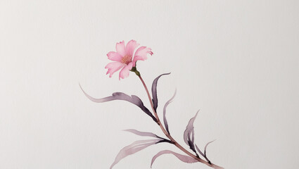 Fototapeta premium Vintage Traditional Watercolor Painting of Pink Flower with Green Stem on White Background Featuring Soft Timeless Brush Strokes