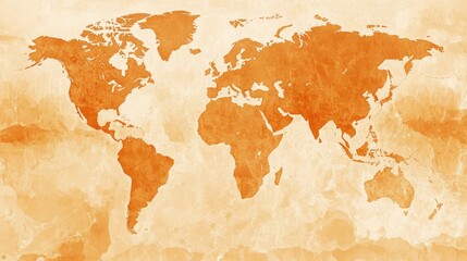 A textured orange world map showing all continents