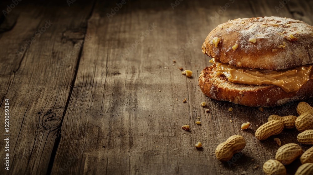 Poster a charming, rustic display of a peanut butter sandwich and peanuts on a wooden surface, perfect for 