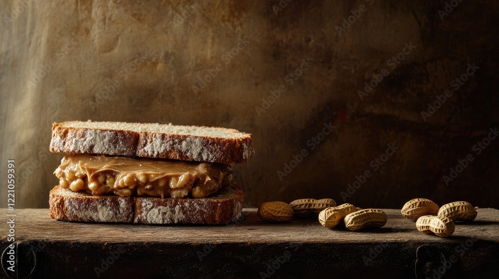 Poster a charming, rustic display of a peanut butter sandwich and peanuts on a wooden surface, perfect for 