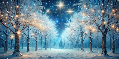 Frosty trees with sparkling snowflakes and glittering ice crystals in a magical forest at night, magic forest, twinkling lights