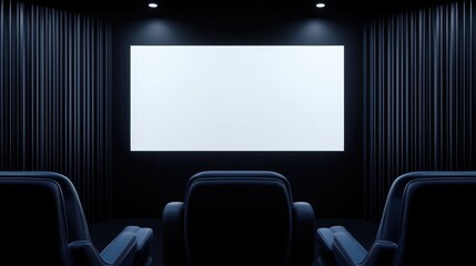 Fototapeta premium Empty home theater with blank screen, dark blue velvet curtains and three seats.