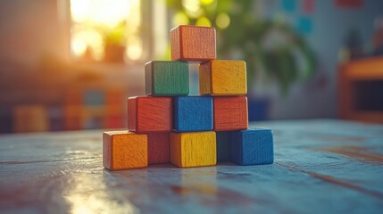 Stacked blocks of various colors are arranged in a gradient pattern,