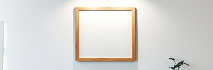Obraz premium A minimalist wooden frame with a smooth painted finish mounted on a white board in a modern office setting, clean lines, wall-mounted furniture