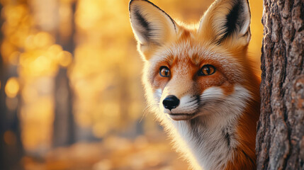 Red Fox in the Autumn Glow: A red fox with piercing golden eyes peeks out from behind a tree, its fur catching the warm hues of the setting sun in a captivating portrait of wilderness.