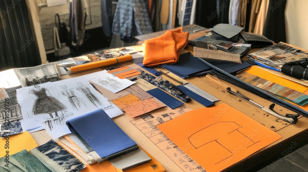 Poster a clean and vibrant designer workspace with fashion sketches, fabric swatches, and measuring tools a