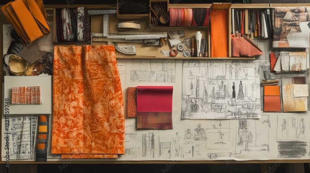 Poster a clean and vibrant designer workspace with fashion sketches, fabric swatches, and measuring tools a