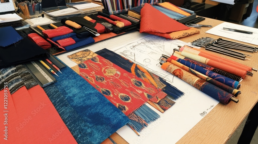 Poster a clean and vibrant designer workspace with fashion sketches, fabric swatches, and measuring tools a