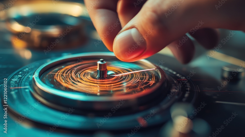 Poster A close-up of a hand positioning a compass near a coil with visible current, showcasing a hands-on experiment with magnetic fields.