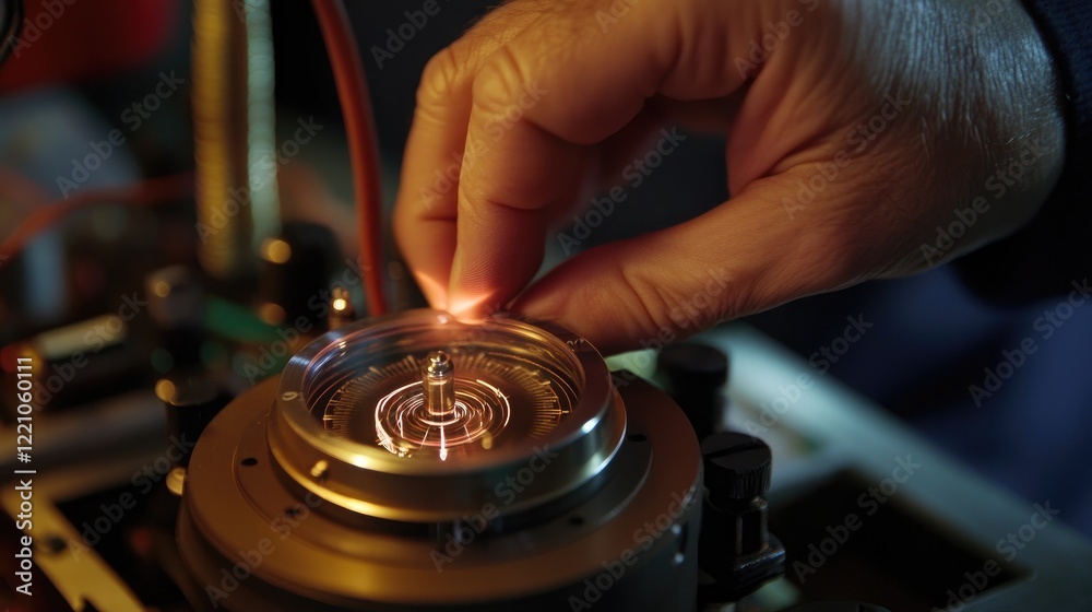 Aufkleber a close-up of a hand positioning a compass near a coil with visible current, showcasing a hands-on e