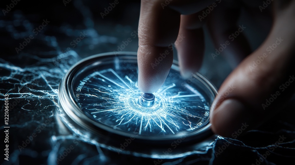 Aufkleber A close-up of a hand positioning a compass near a coil with visible current, showcasing a hands-on experiment with magnetic fields.