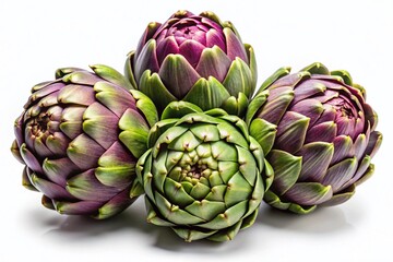 Obraz premium Three French Artichoke Buds, Isolated, Low Light, White Background Stock Photo