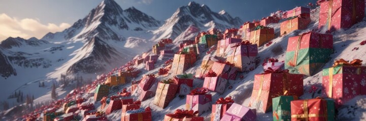 A mountain range of unopened packages rising high, covered in festive paper and ribbons, exuding a sense of excitement and anticipation , presents, adventure, occasion