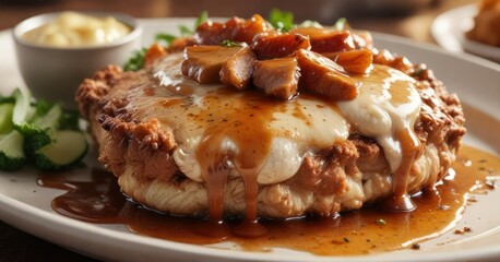 Fototapeta premium A mouthwatering shot of a juicy chicken fried steak topped with a rich demiglace sauce, savory dish, satisfying meal