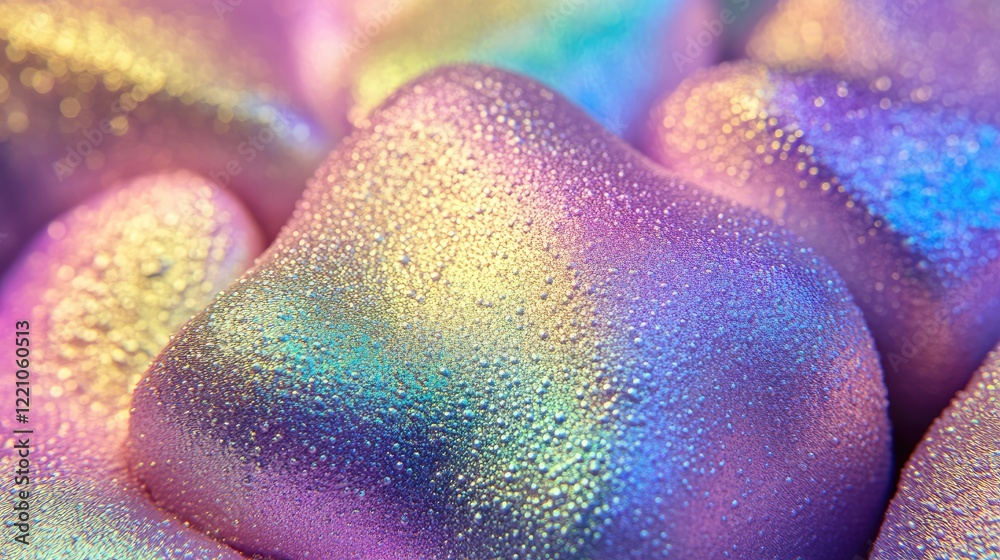 Poster A close-up of iridescent rainbow clay with a foam-like surface, reflecting a metallic sheen in a spectrum of vibrant colors.