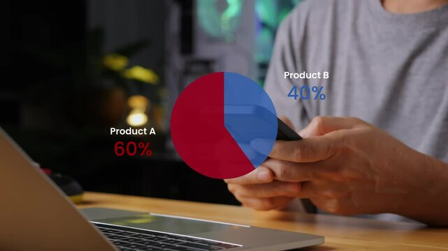 A businessman checking the investment budget in smart phone, showing pie-chart infographic