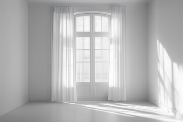 White empty room with glass doors and curtains, empty space template background banner