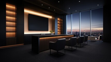 Modern luxury office interior at night with city view, featuring a large screen, wooden paneling, and comfortable seating.