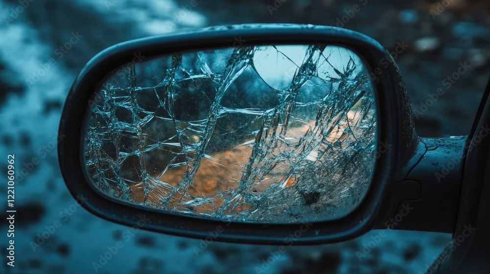 Poster a close-up view of a broken car mirror, reflecting the road, with shattered glass surrounding it, sh