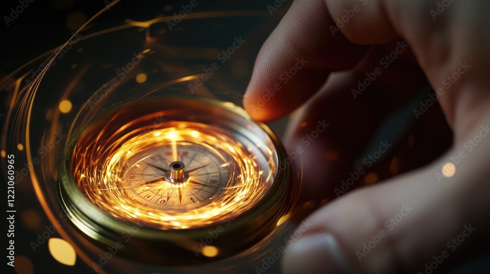 Poster a close-up shot of a hand holding a compass near a coil with visible electric current, illustrating 