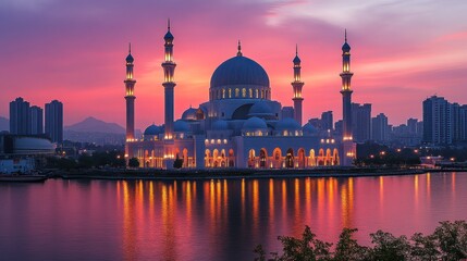 Fototapeta premium Majestic Mosque at Sunset Reflecting in Calm Waters