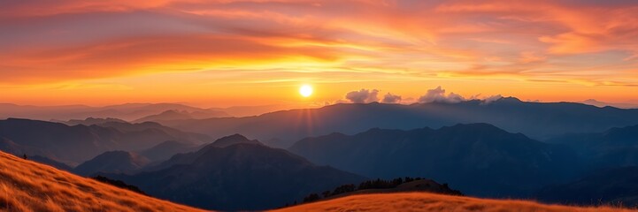 Obraz premium Breathtaking Mountain Panorama at Sunset – Scenic Nature Background with Clouds, nature background, panoramic view, peaceful mountain view