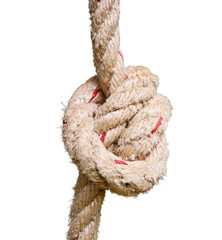 Thick nylon rope tied into a knot on transparent background.