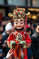 A colorful puppet dressed in red and gold, surrounded by a crowd, showcasing traditional culture and artistry.