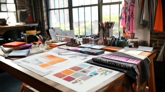 A colorful and well-organized designer's table, featuring fashion drawings, fabric swatches, and other creative tools in a bright, inspiring workspace. - Powered by Adobe