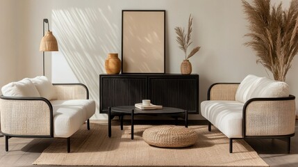 Modern living room with rattan sofas and neutral decor