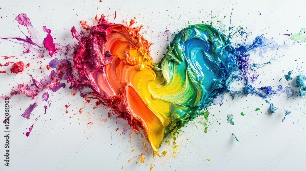 Poster a colorful, dynamic heart created from splashes of rainbow paint on a white background, evoking a se