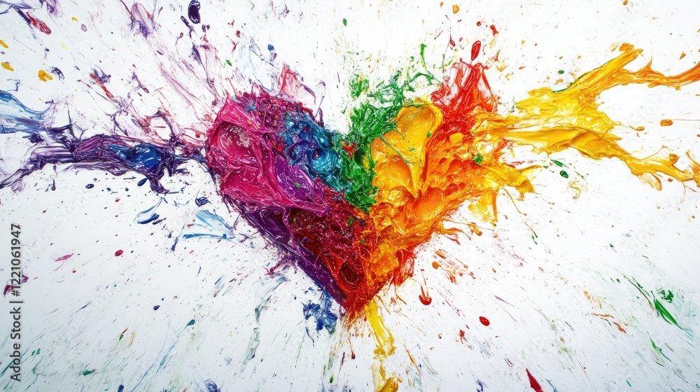 Poster a colorful, dynamic heart created from splashes of rainbow paint on a white background, evoking a se