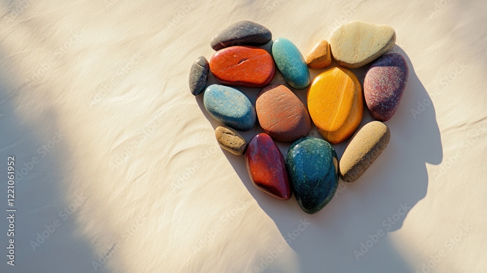 Poster a colorful heart shape formed by river stones in various hues, lying gracefully on a plain beige sur