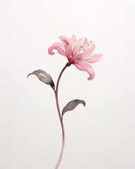 Beautiful Vintage Watercolor Art of Pink Flower with Green Stem on White Canvas Featuring Soft Natural Tones