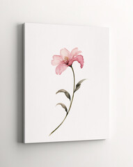 Beautiful Vintage Watercolor Painting of Pink Flower with Green Stem on White Canvas with Fine Brushwork and Elegant Detail