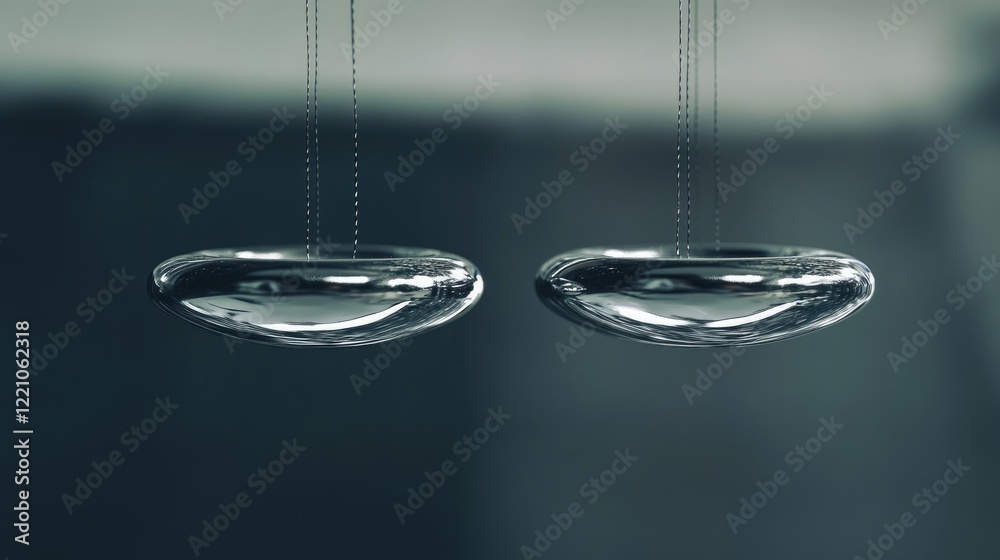 Poster a conceptual scene of two magnets floating mid-air, held by transparent strings, with visible tensio