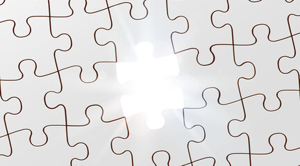 White jigsaw puzzle game texture incomplete or missing piece and light beams. Top view.