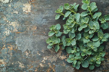 Plant with green leaves growing on a rock in natural environment under bright sunlight