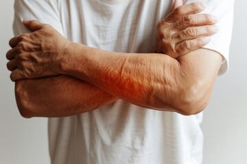 Fototapeta premium Crossed arms. Hands of an elderly person. Hands of a pensioner in a white T-shirt.