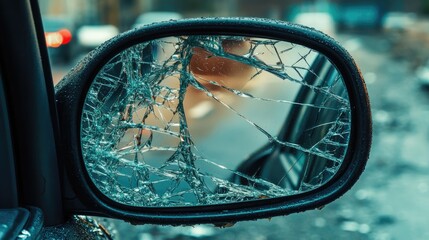 A cracked side mirror shows a road reflection, surrounded by broken glass and debris, capturing the result of a car accident.