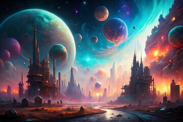 Fototapeta premium Urban Exploration in a Cosmic Dreamscape: Futuristic City Among Planets