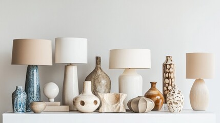 A curated display of modern table lamps with artistic designs, arranged neatly on a white backdrop, highlighting their elegant form.